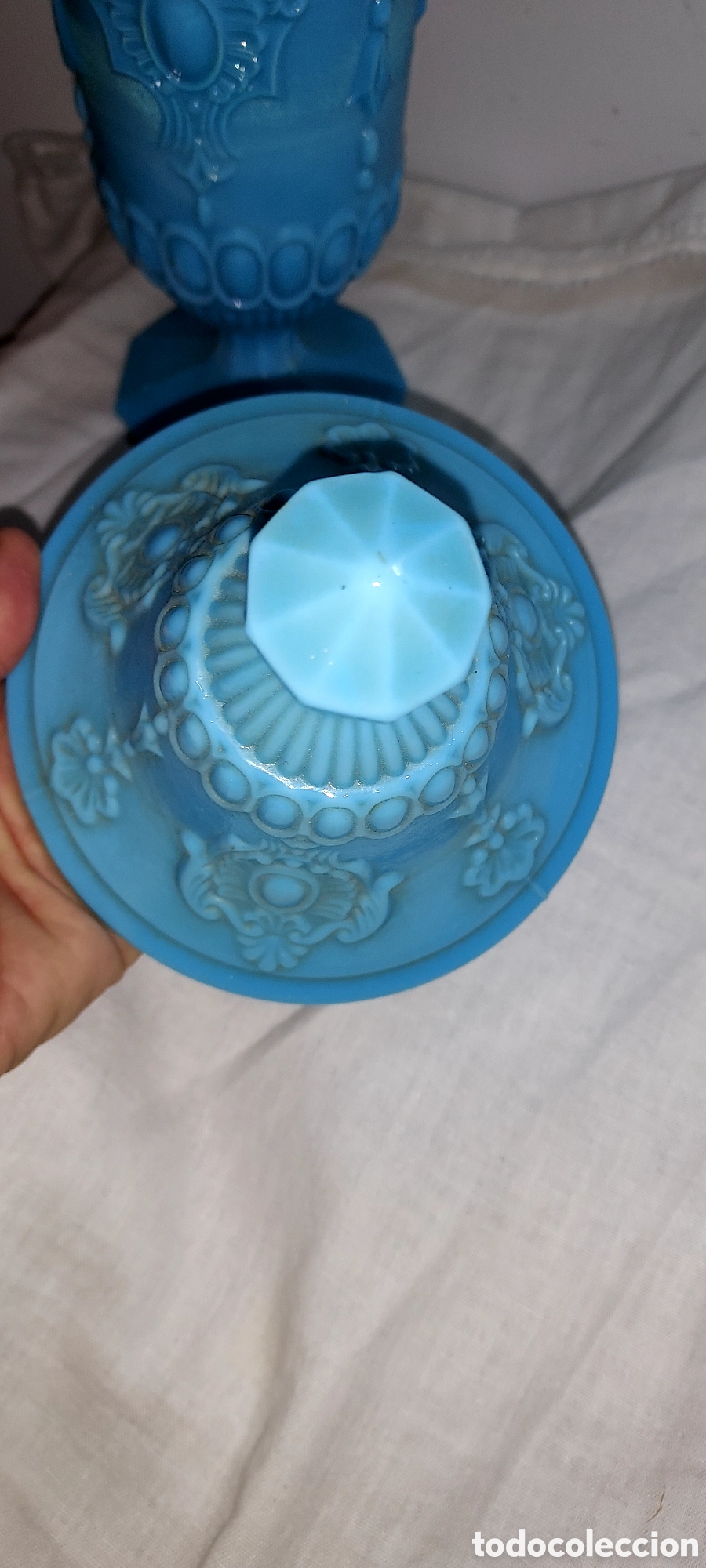 Antig&uuml;edades: COPA CON TAPA EN OPALINA AZUL TURQUESA MIDE 31 DE ALTO - Foto 10