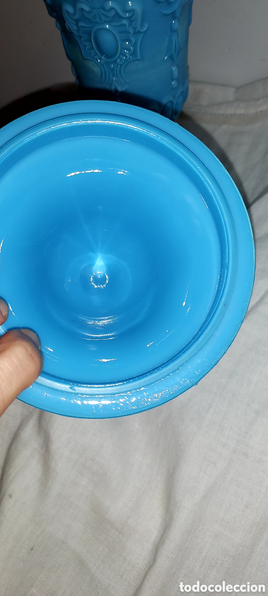 Antig&uuml;edades: COPA CON TAPA EN OPALINA AZUL TURQUESA MIDE 31 DE ALTO - Foto 11