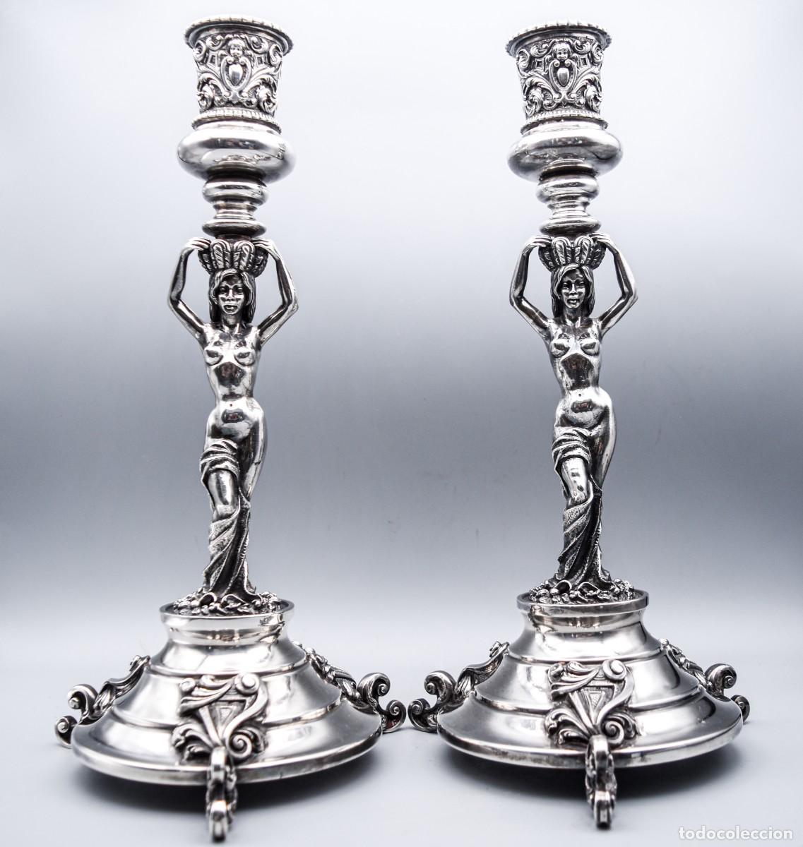 Antig&uuml;edades: Plata - Candeleros con damas - Foto 2