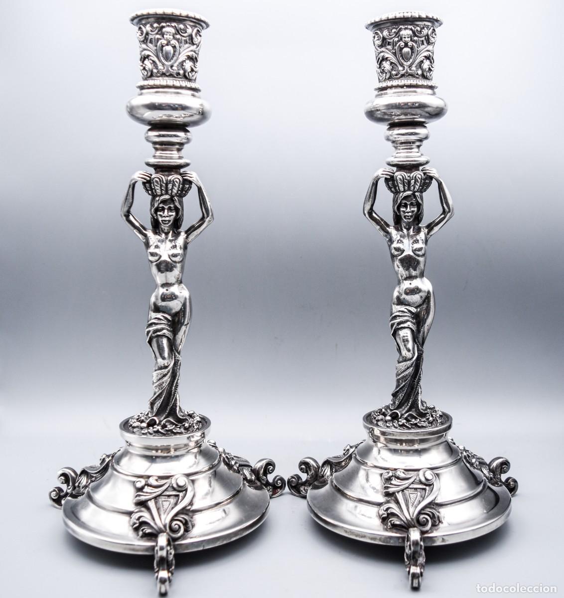 Antig&uuml;edades: Plata - Candeleros con damas - Foto 9