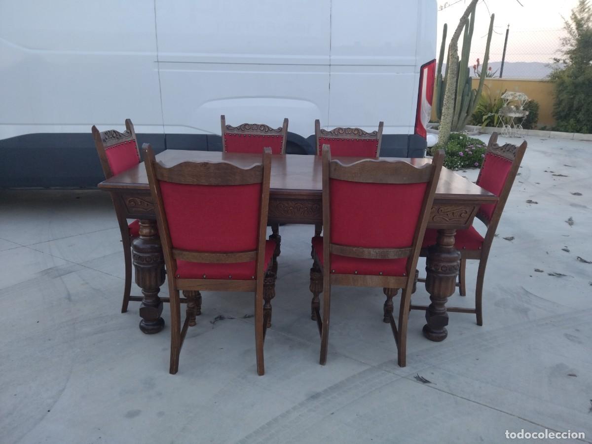 Antig&uuml;edades: Mesa de comedor rectangular extensible con 6 sillas, madera de roble tallada, estilo castellano. - Foto 2