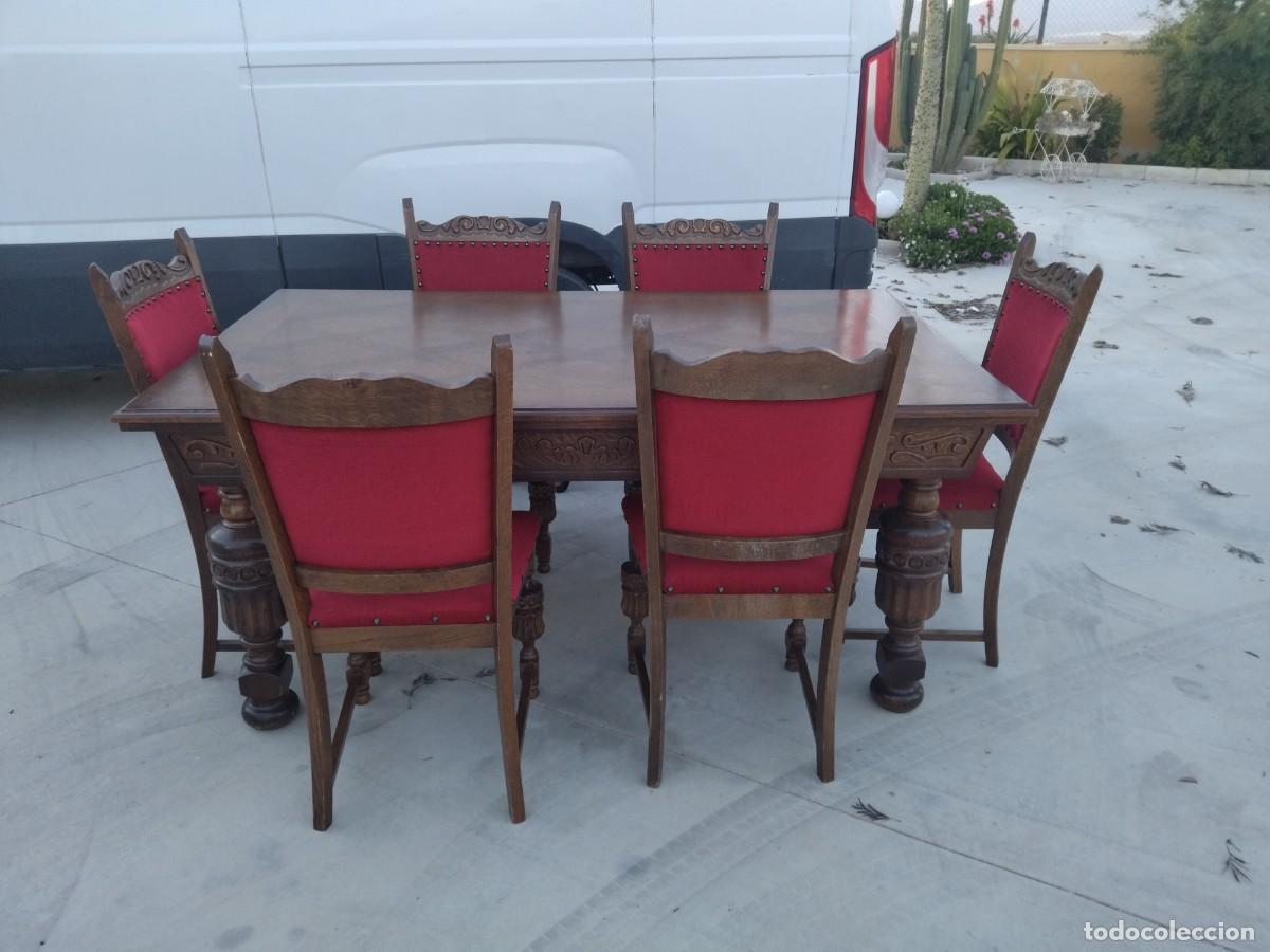 Antig&uuml;edades: Mesa de comedor rectangular extensible con 6 sillas, madera de roble tallada, estilo castellano. - Foto 3