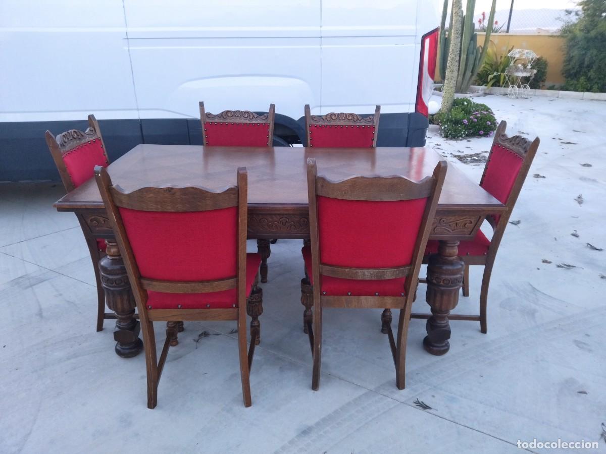 Antig&uuml;edades: Mesa de comedor rectangular extensible con 6 sillas, madera de roble tallada, estilo castellano. - Foto 4