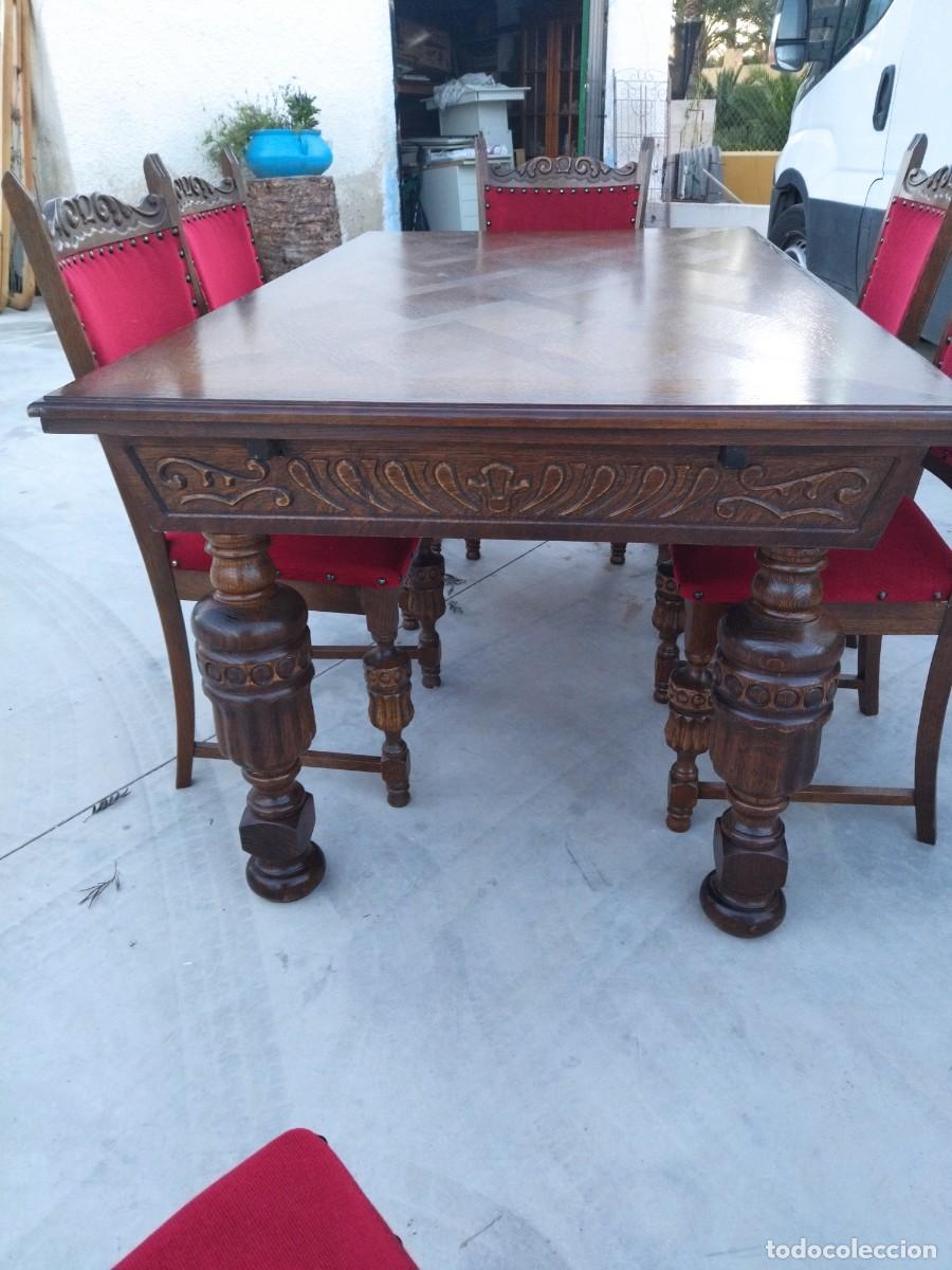 Antig&uuml;edades: Mesa de comedor rectangular extensible con 6 sillas, madera de roble tallada, estilo castellano. - Foto 14