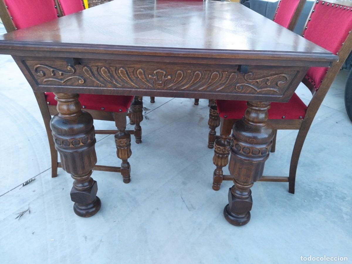Antig&uuml;edades: Mesa de comedor rectangular extensible con 6 sillas, madera de roble tallada, estilo castellano. - Foto 17