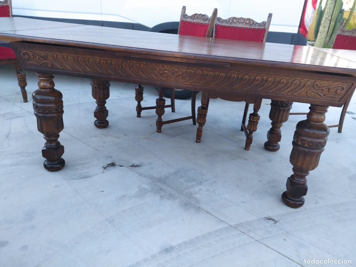 Antig&uuml;edades: Mesa de comedor rectangular extensible con 6 sillas, madera de roble tallada, estilo castellano. - Foto 26