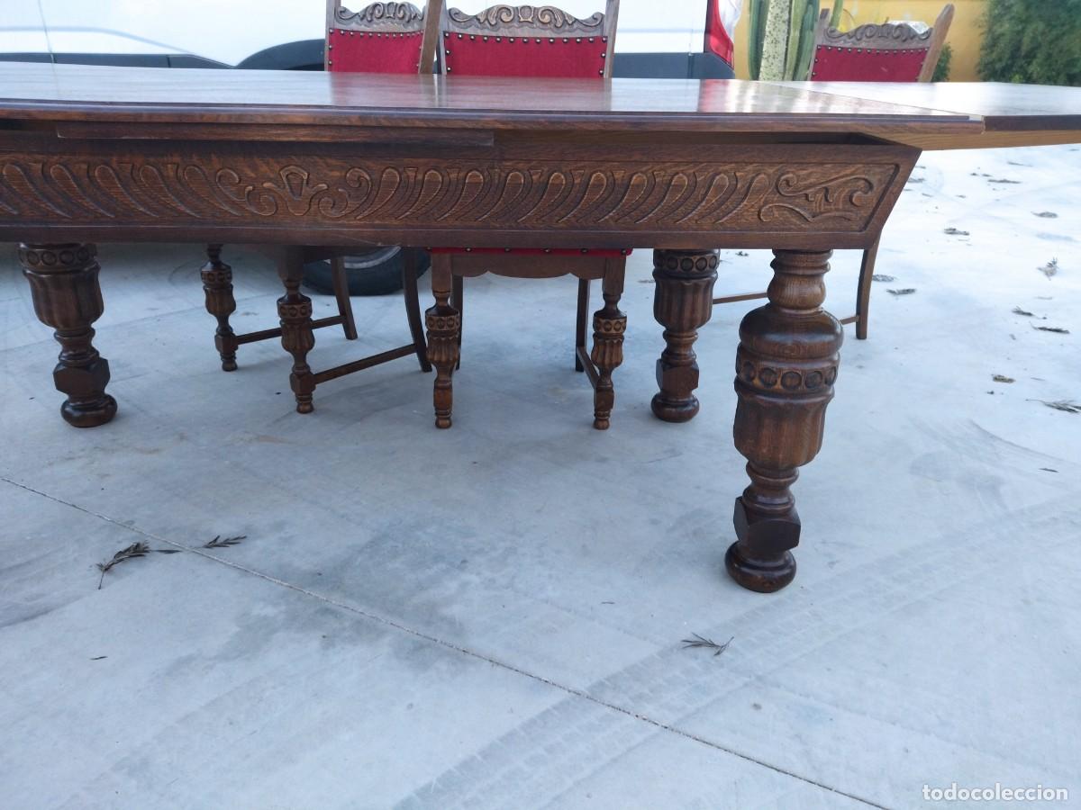 Antig&uuml;edades: Mesa de comedor rectangular extensible con 6 sillas, madera de roble tallada, estilo castellano. - Foto 27