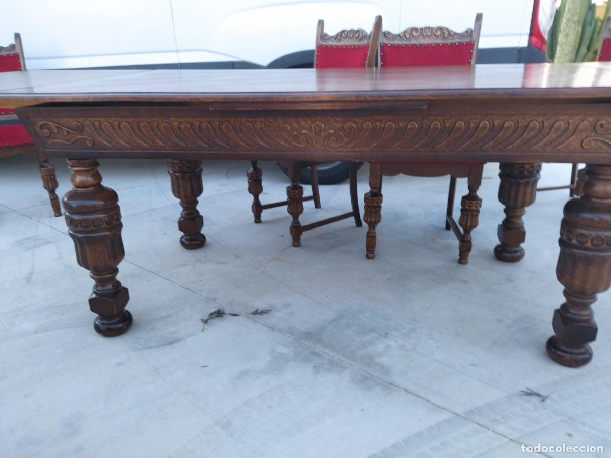 Antig&uuml;edades: Mesa de comedor rectangular extensible con 6 sillas, madera de roble tallada, estilo castellano. - Foto 28