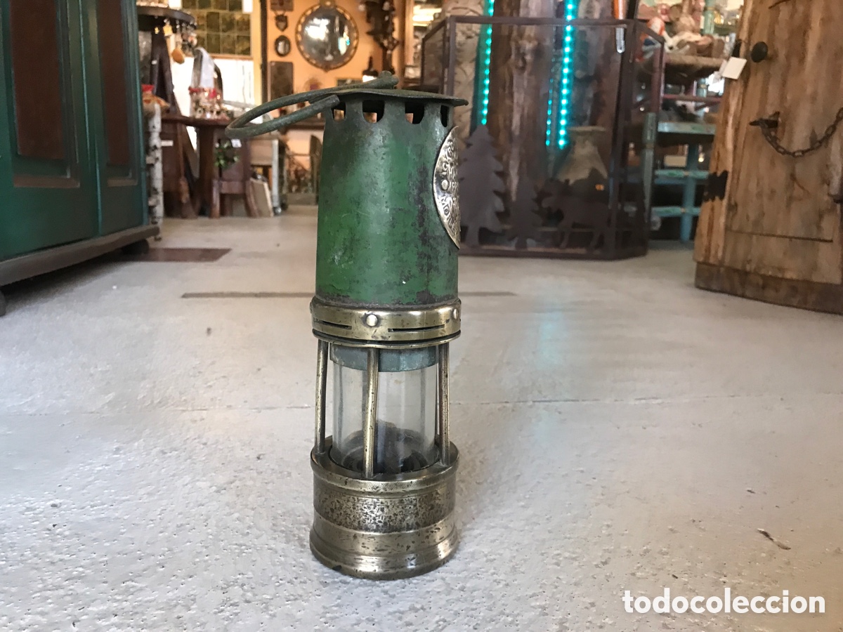 Antig&uuml;edades: Lampara antigua de mina, de hierro y bronce - Foto 3