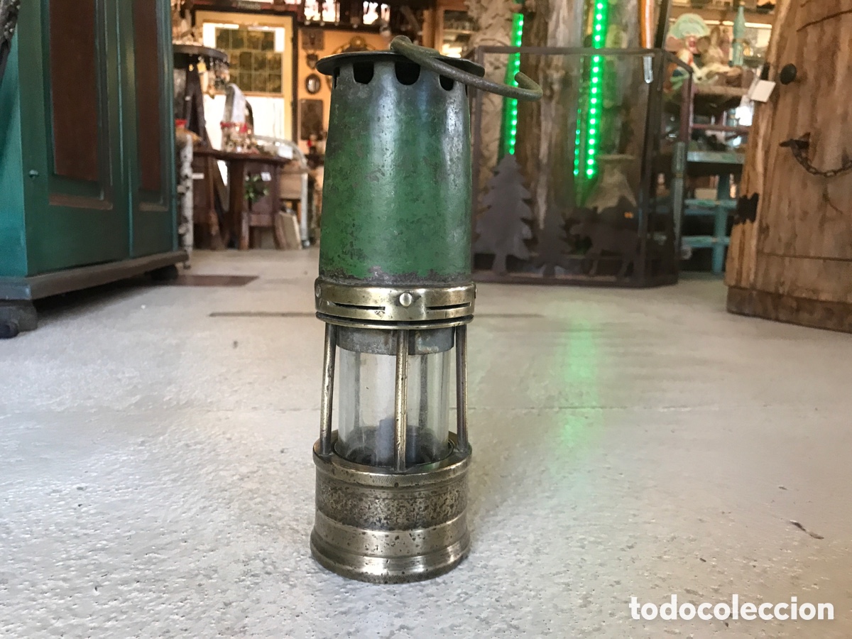Antig&uuml;edades: Lampara antigua de mina, de hierro y bronce - Foto 4