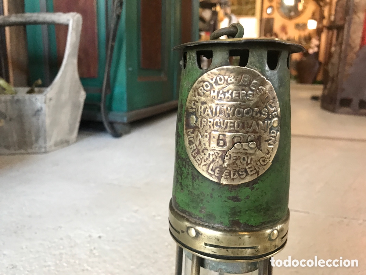 Antig&uuml;edades: Lampara antigua de mina, de hierro y bronce - Foto 6