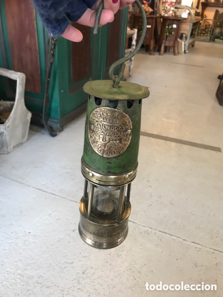 Antig&uuml;edades: Lampara antigua de mina, de hierro y bronce - Foto 7