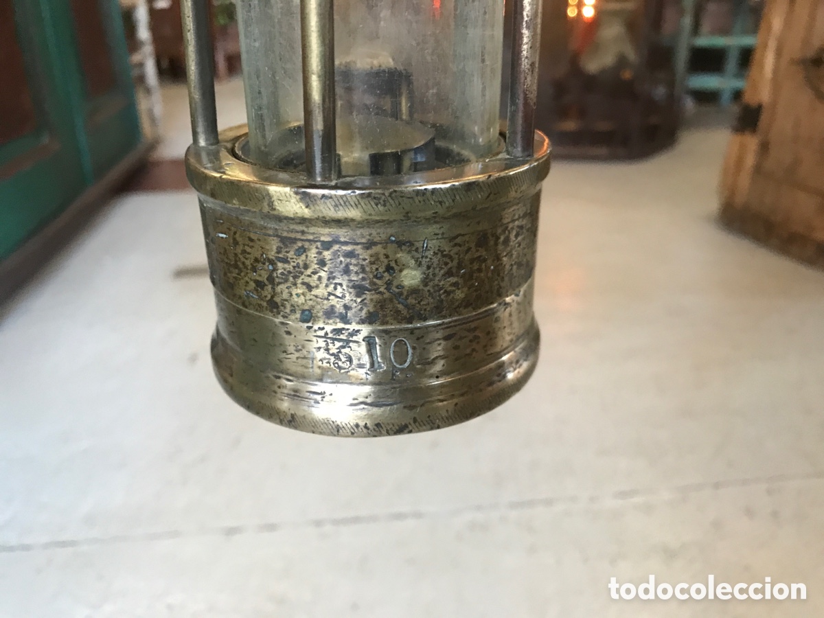 Antig&uuml;edades: Lampara antigua de mina, de hierro y bronce - Foto 8