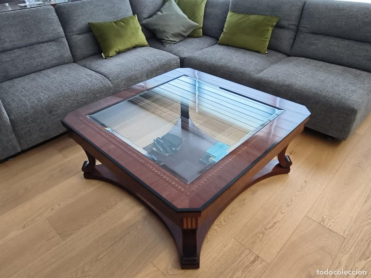 Antig&uuml;edades: MESA CUADRADA CON MARQUETER&Iacute;A Y CRISTAL - Foto 3