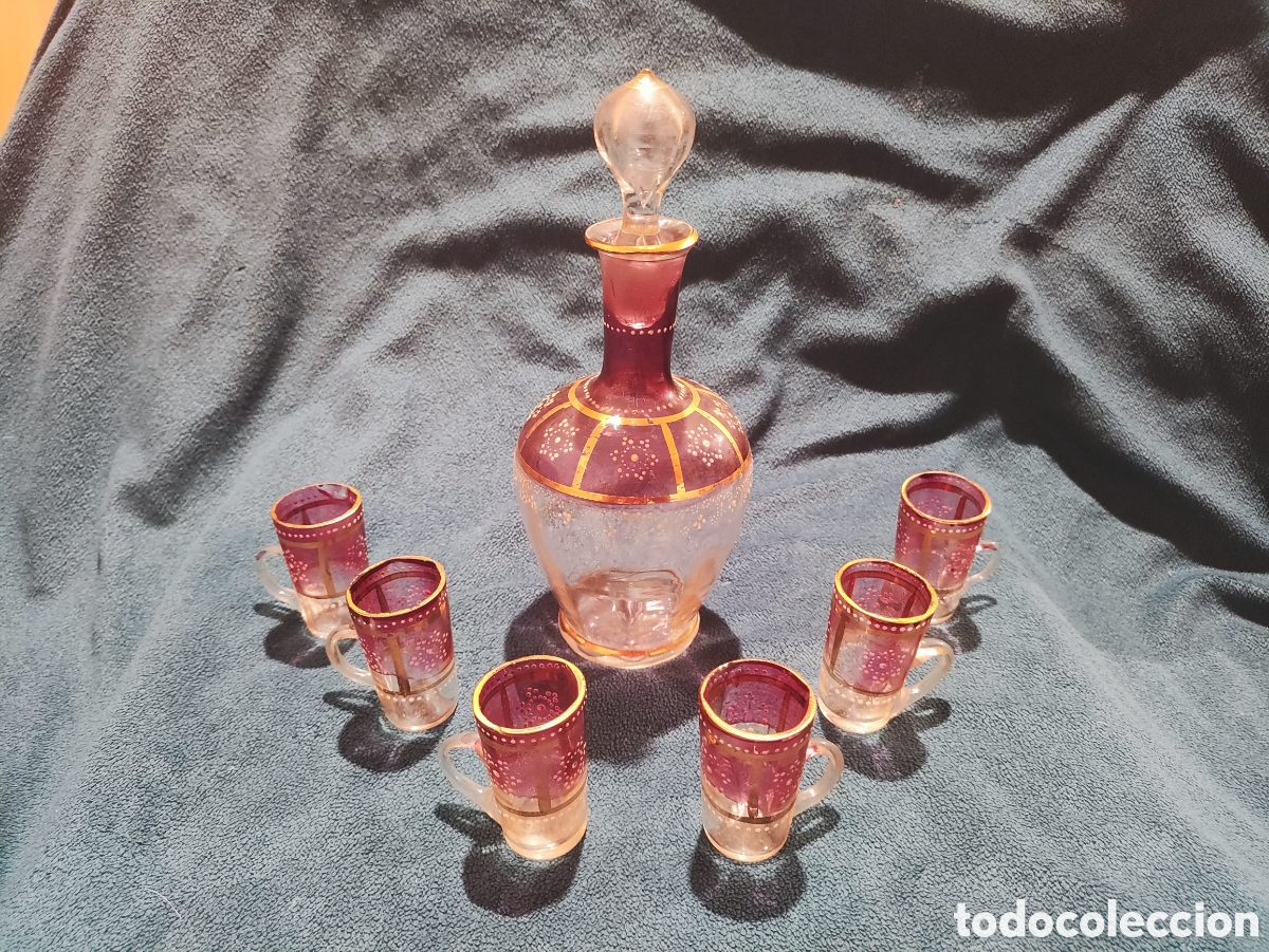 Antig&uuml;edades: VIDRIO, ESMALTE. LICORERA CON 6 JARRITAS - Foto 3