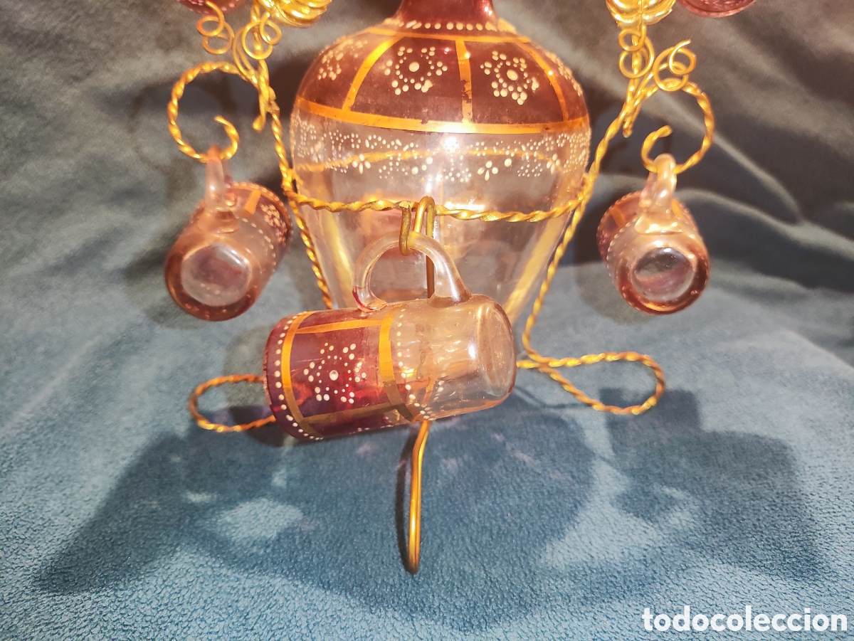Antig&uuml;edades: VIDRIO, ESMALTE. LICORERA CON 6 JARRITAS - Foto 4
