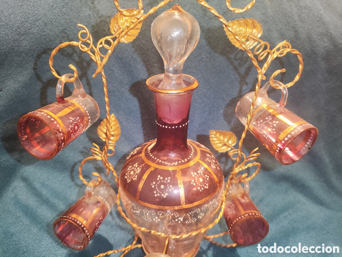 Antig&uuml;edades: VIDRIO, ESMALTE. LICORERA CON 6 JARRITAS - Foto 5