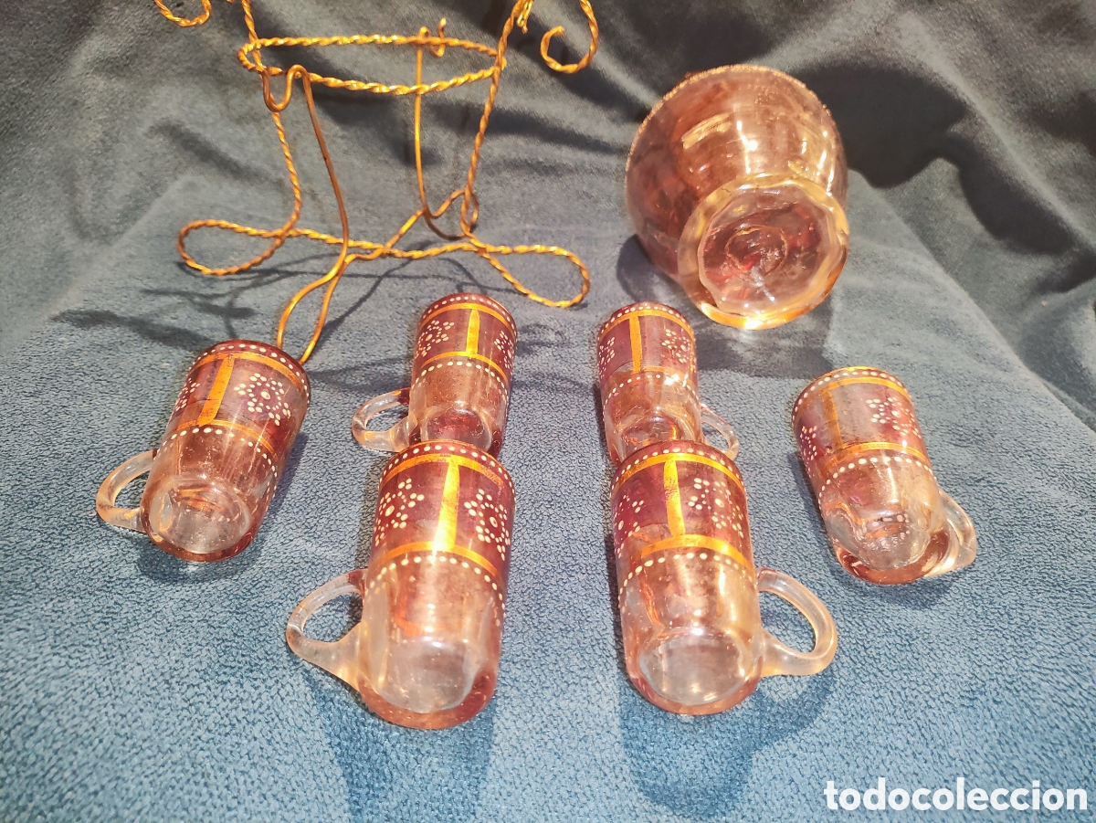 Antig&uuml;edades: VIDRIO, ESMALTE. LICORERA CON 6 JARRITAS - Foto 6