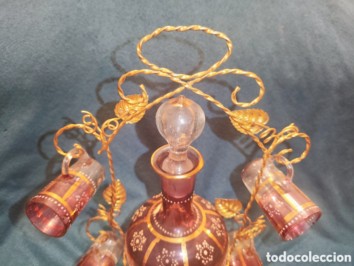 Antig&uuml;edades: VIDRIO, ESMALTE. LICORERA CON 6 JARRITAS - Foto 7