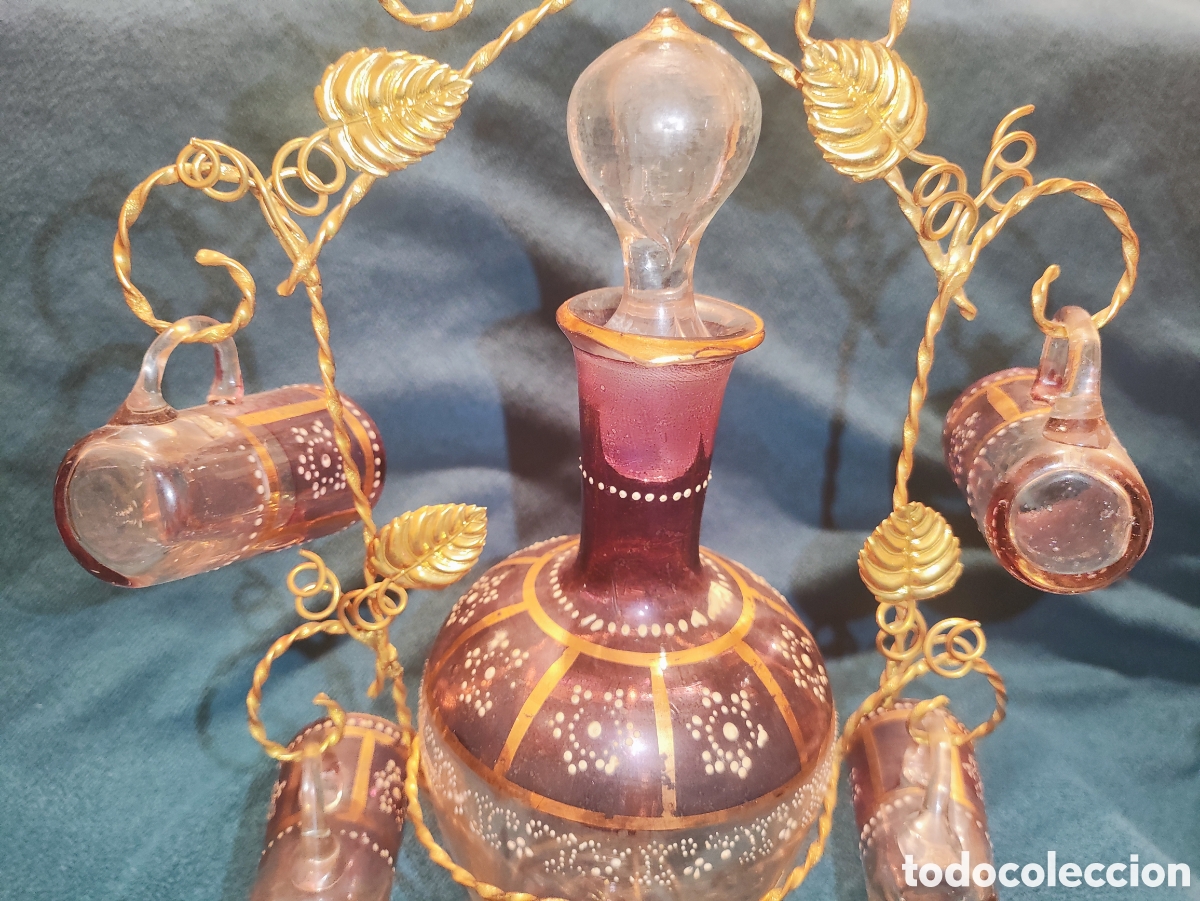 Antig&uuml;edades: VIDRIO, ESMALTE. LICORERA CON 6 JARRITAS - Foto 15