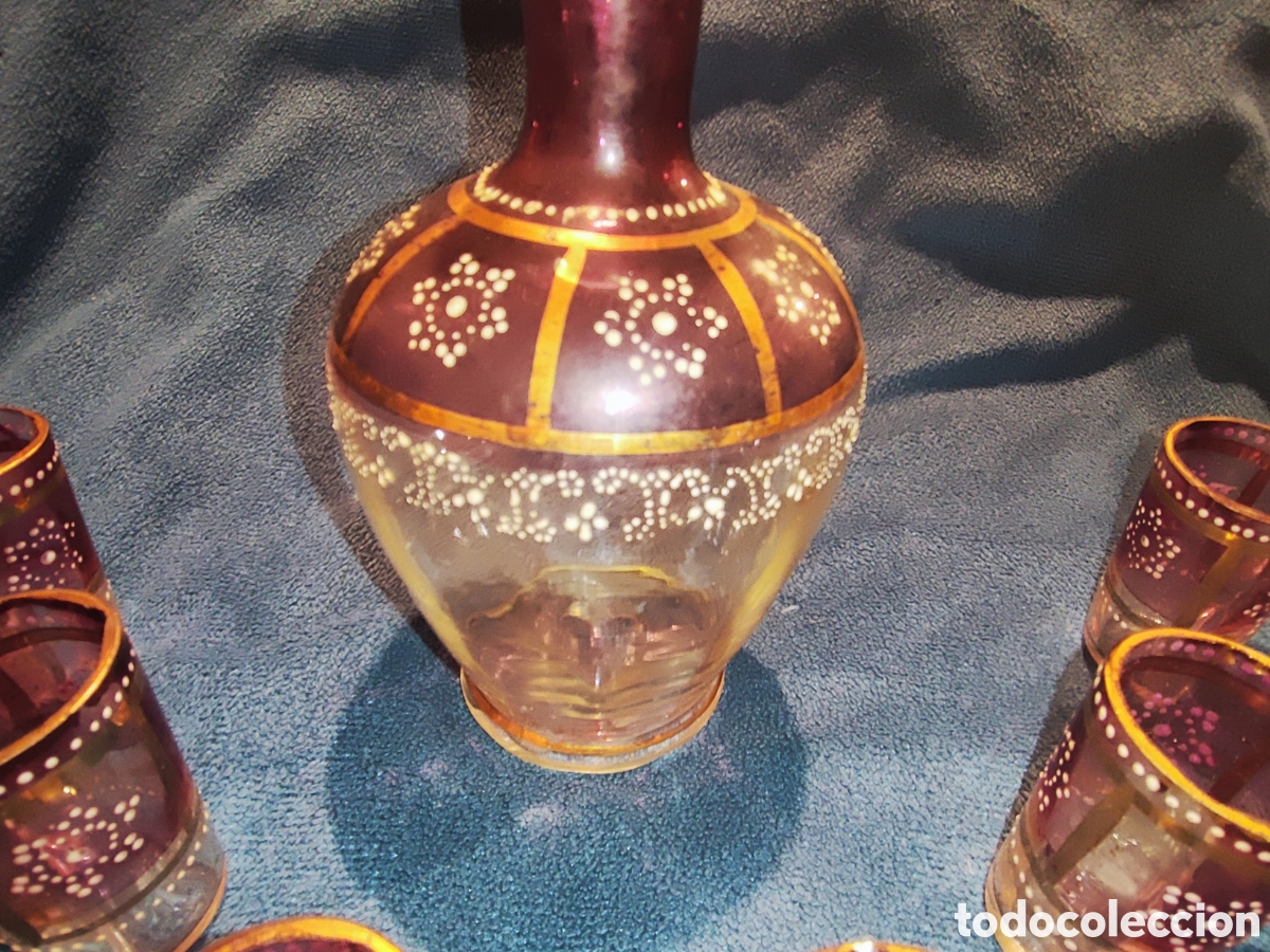 Antig&uuml;edades: VIDRIO, ESMALTE. LICORERA CON 6 JARRITAS - Foto 18