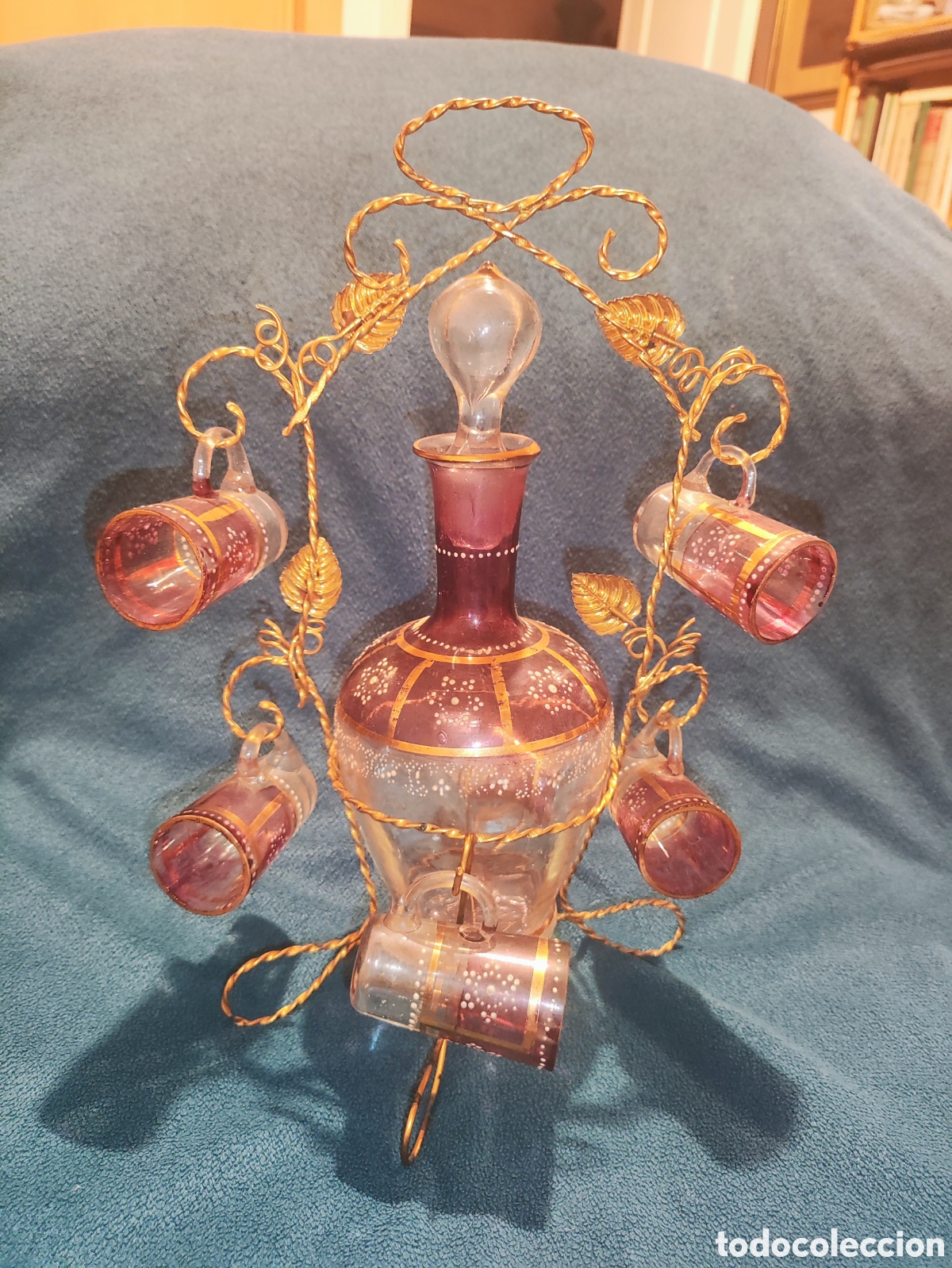 Antig&uuml;edades: VIDRIO, ESMALTE. LICORERA CON 6 JARRITAS - Foto 19
