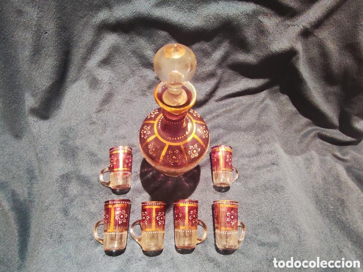 Antig&uuml;edades: VIDRIO, ESMALTE. LICORERA CON 6 JARRITAS - Foto 21