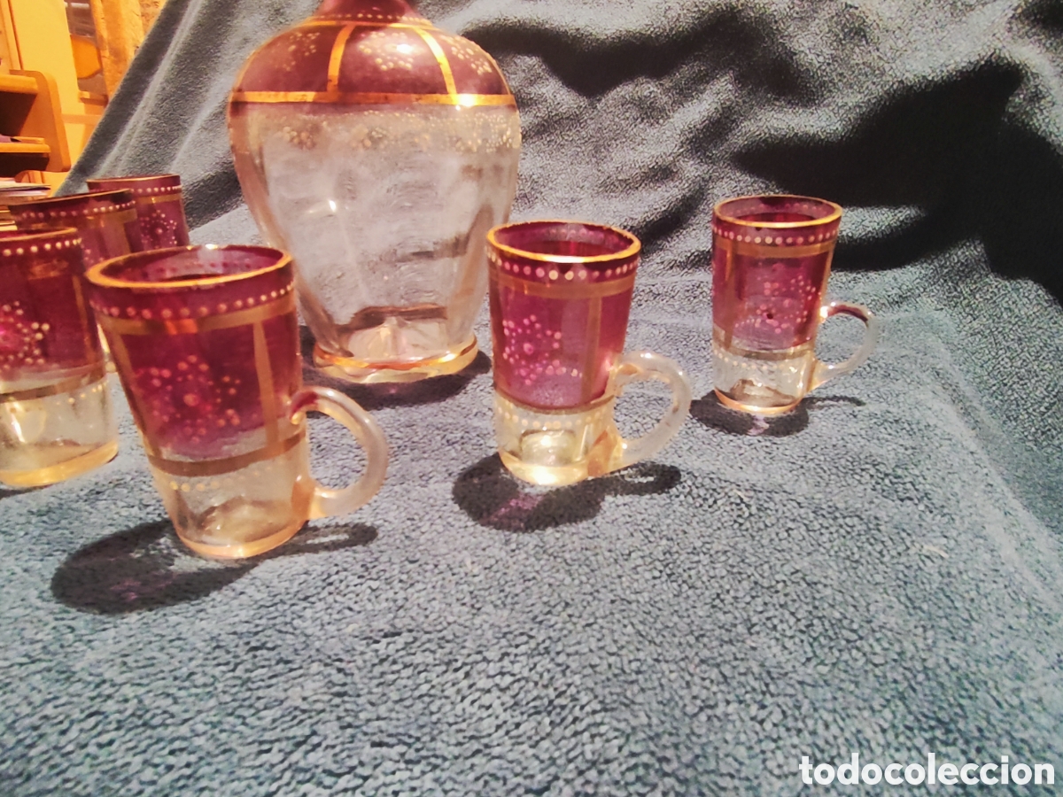 Antig&uuml;edades: VIDRIO, ESMALTE. LICORERA CON 6 JARRITAS - Foto 22