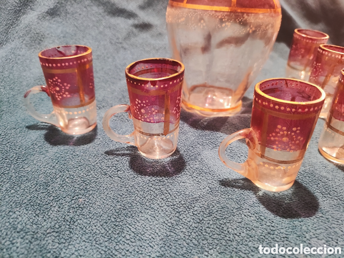 Antig&uuml;edades: VIDRIO, ESMALTE. LICORERA CON 6 JARRITAS - Foto 23