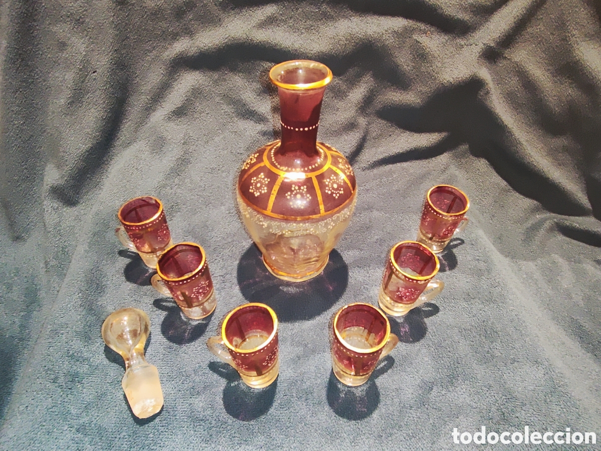 Antig&uuml;edades: VIDRIO, ESMALTE. LICORERA CON 6 JARRITAS - Foto 28