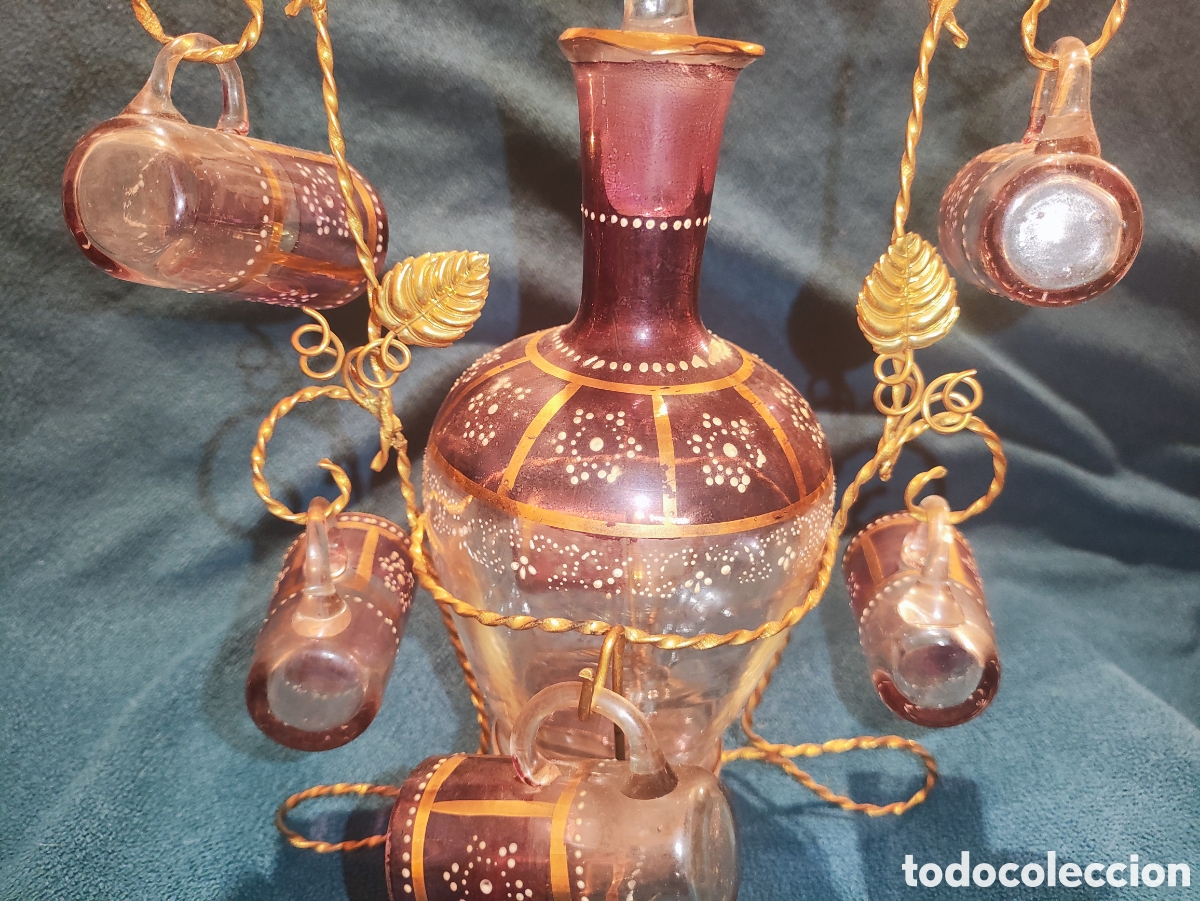 Antig&uuml;edades: VIDRIO, ESMALTE. LICORERA CON 6 JARRITAS - Foto 2
