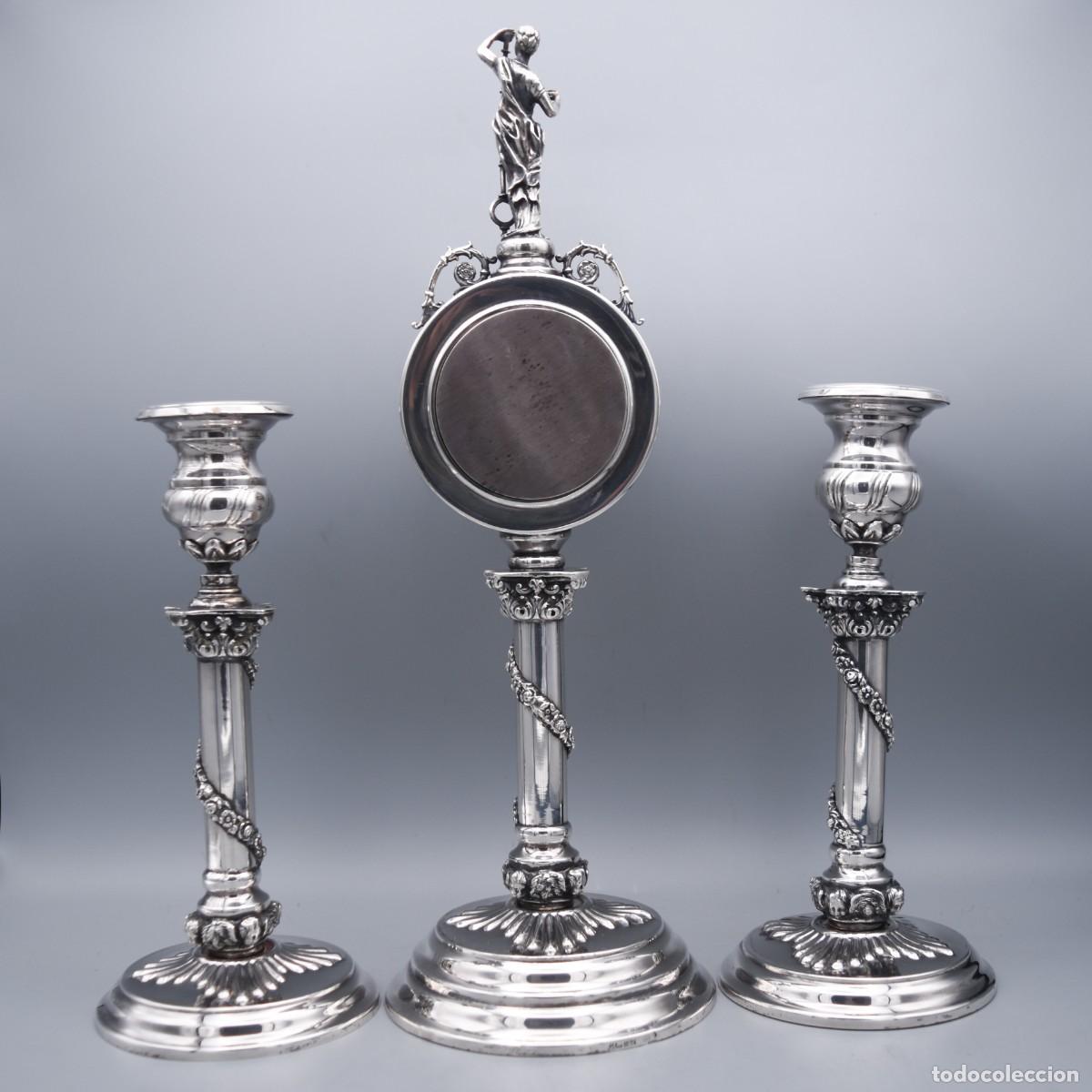 Antig&uuml;edades: Plata - Candeleros con reloj - Foto 7