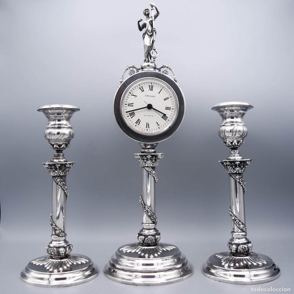 Antig&uuml;edades: Plata - Candeleros con reloj - Foto 4