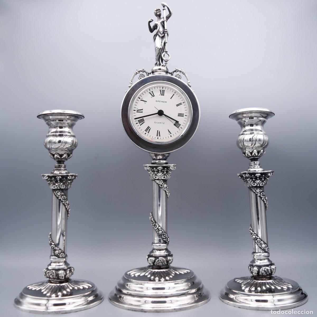 Antig&uuml;edades: Plata - Candeleros con reloj - Foto 8