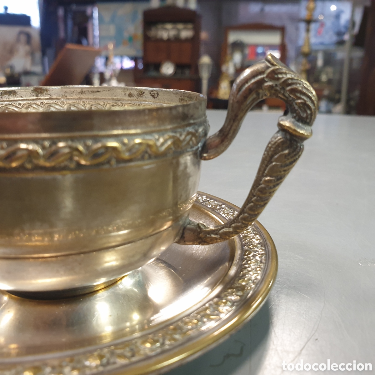 Antig&uuml;edades: Taza con plato alpaca - Foto 2