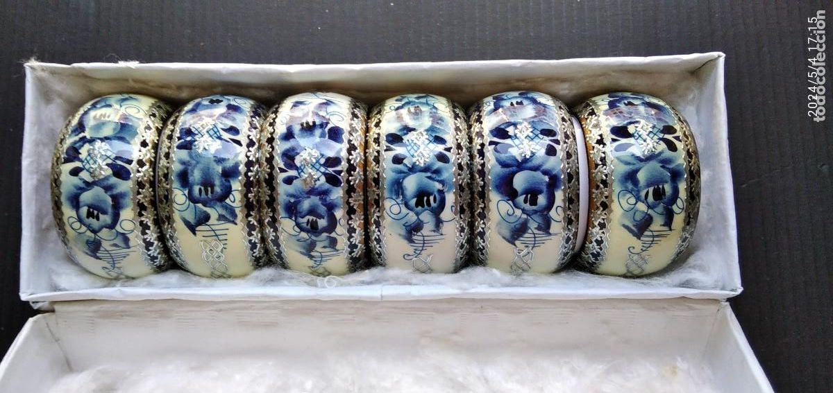 Antiguidades: SET DE 6 SERVIETERAS DE ANILLO DECORADOS EN ESMALTE,EN SU CAJA,POR ESTRENAR (DESCRIPCI&Oacute;N)