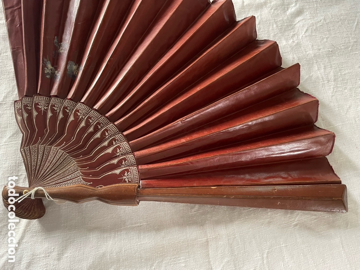 Antig&uuml;edades: Antiguo abanico de cuero y madera - Foto 7