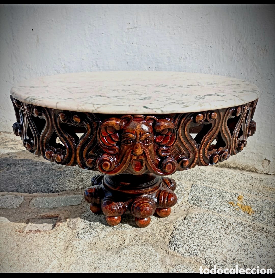 Antig&uuml;edades: Mesa de centro de madera y marmol - Foto 3