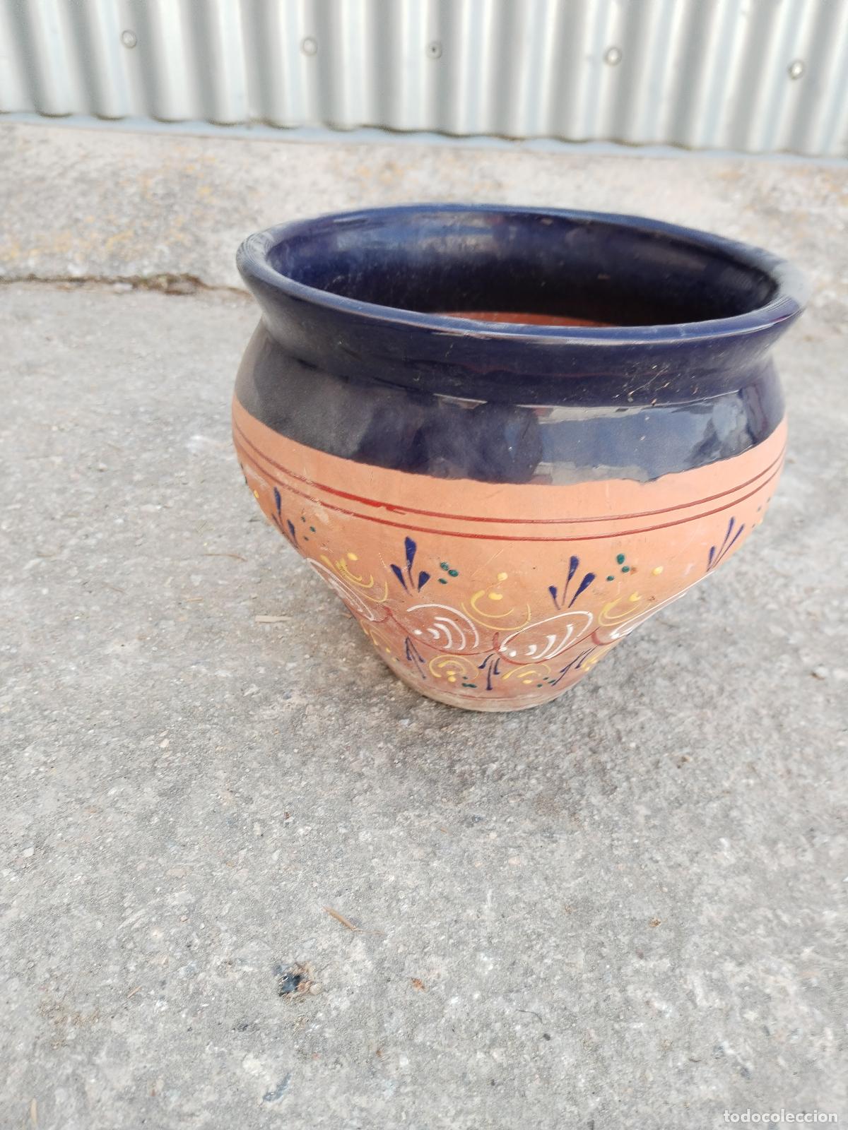 Antig&uuml;edades: macetero de ceramica con esmalte azul - Foto 3