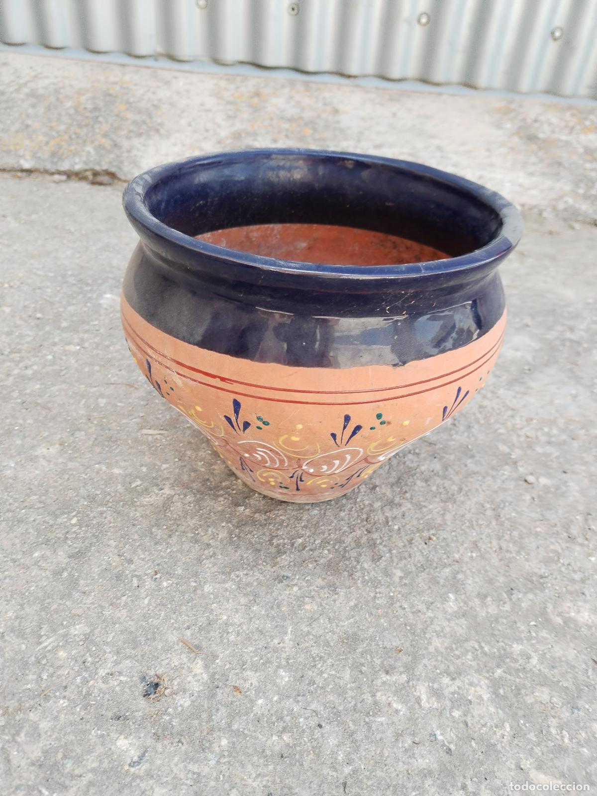 Antig&uuml;edades: macetero de ceramica con esmalte azul - Foto 4