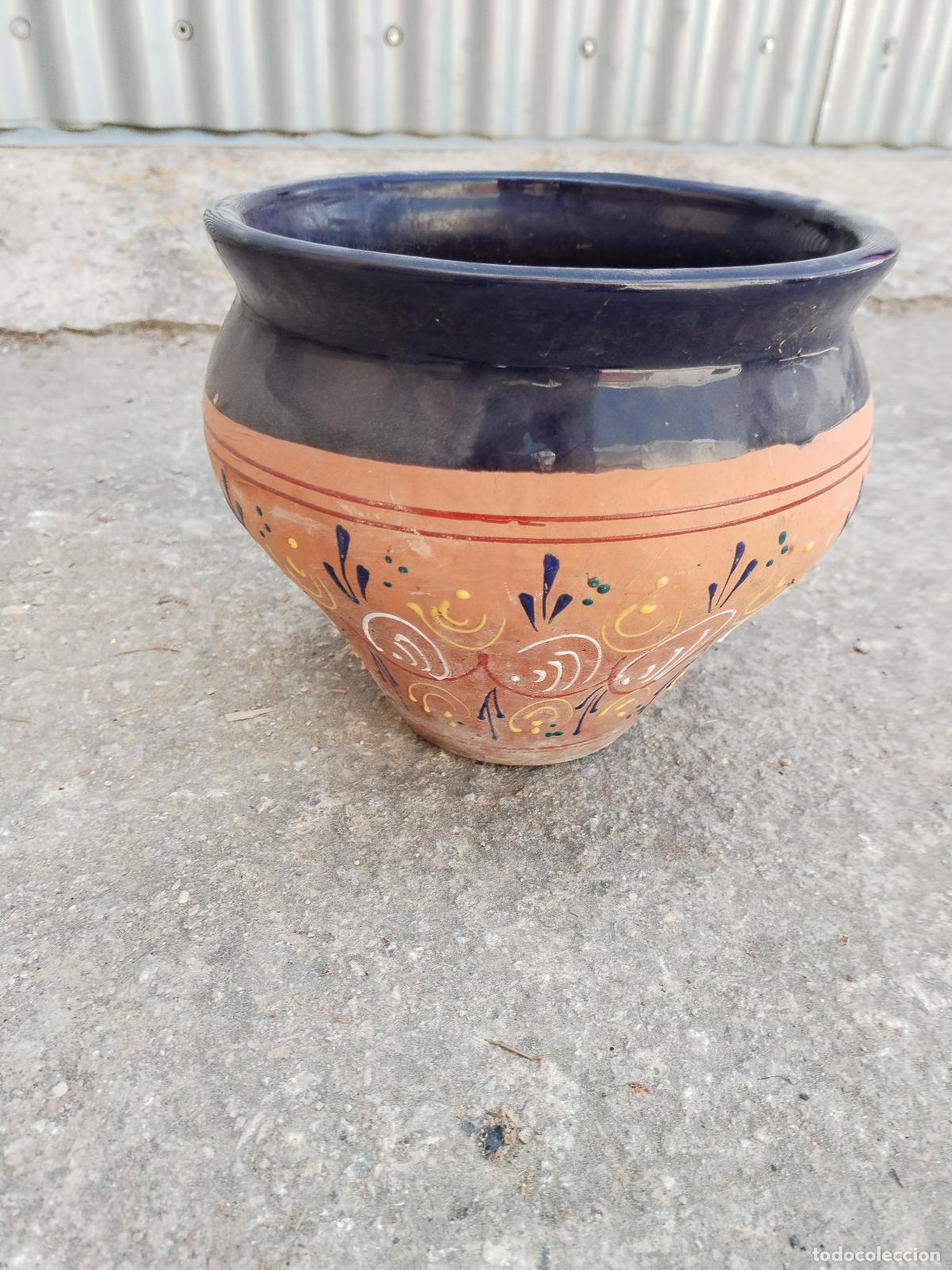 Antig&uuml;edades: macetero de ceramica con esmalte azul - Foto 1