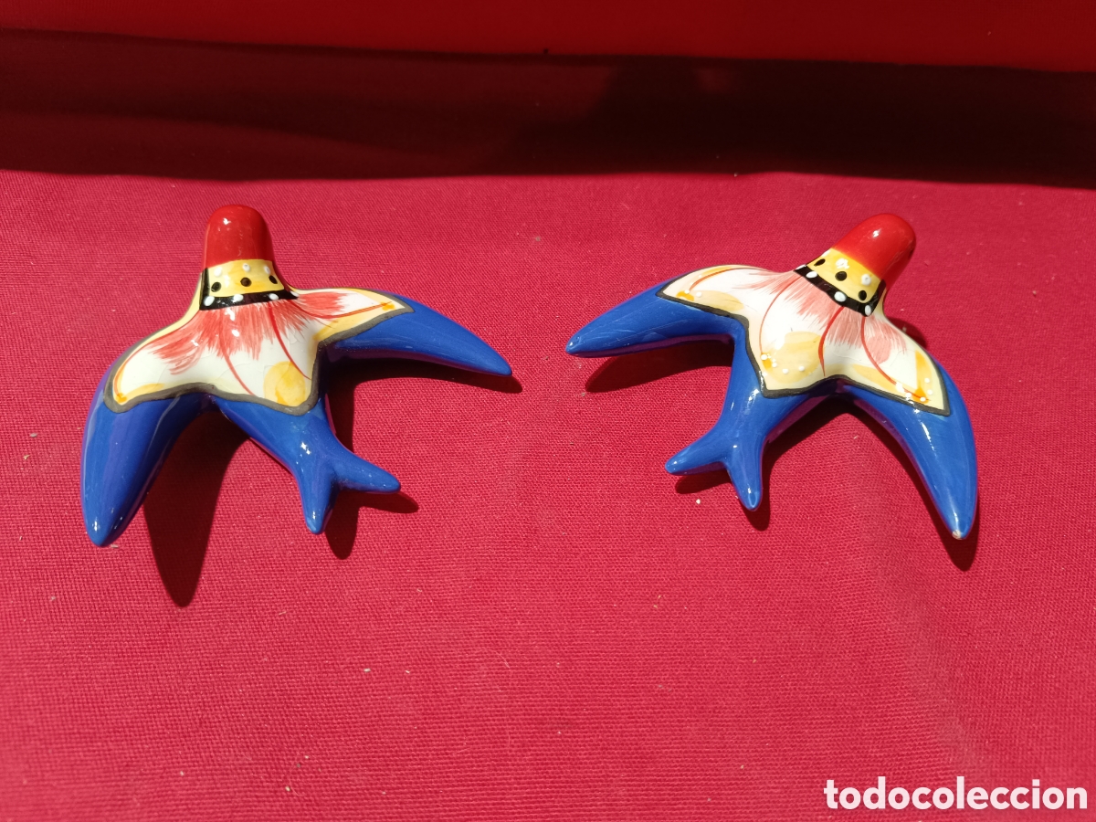 Antiguidades: Pareja de golondrinas de cer&aacute;mica vidriada pintadas a mano a&ntilde;os 70
