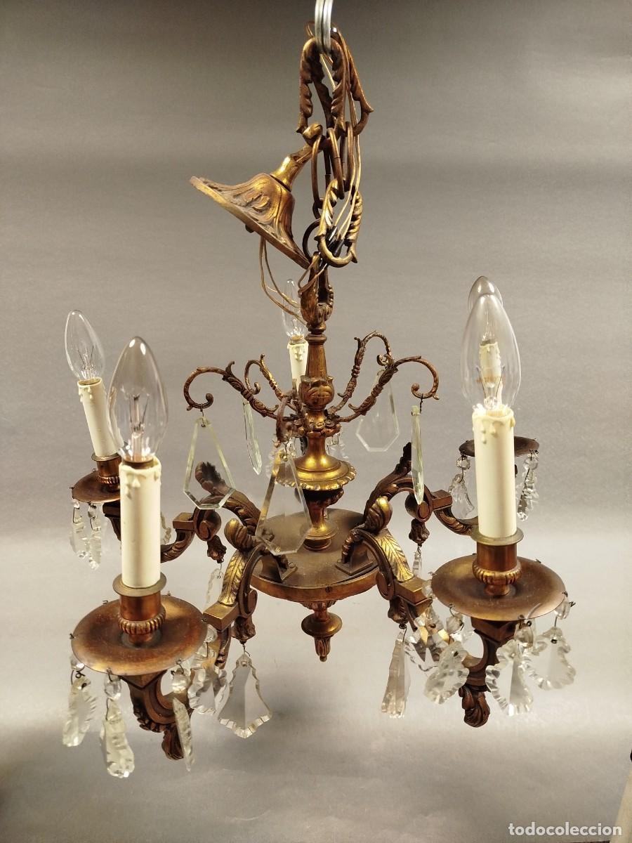 Antig&uuml;edades: LAMPARA DE BRONCE Y CRISTAL DE 5 LUCES - Foto 1
