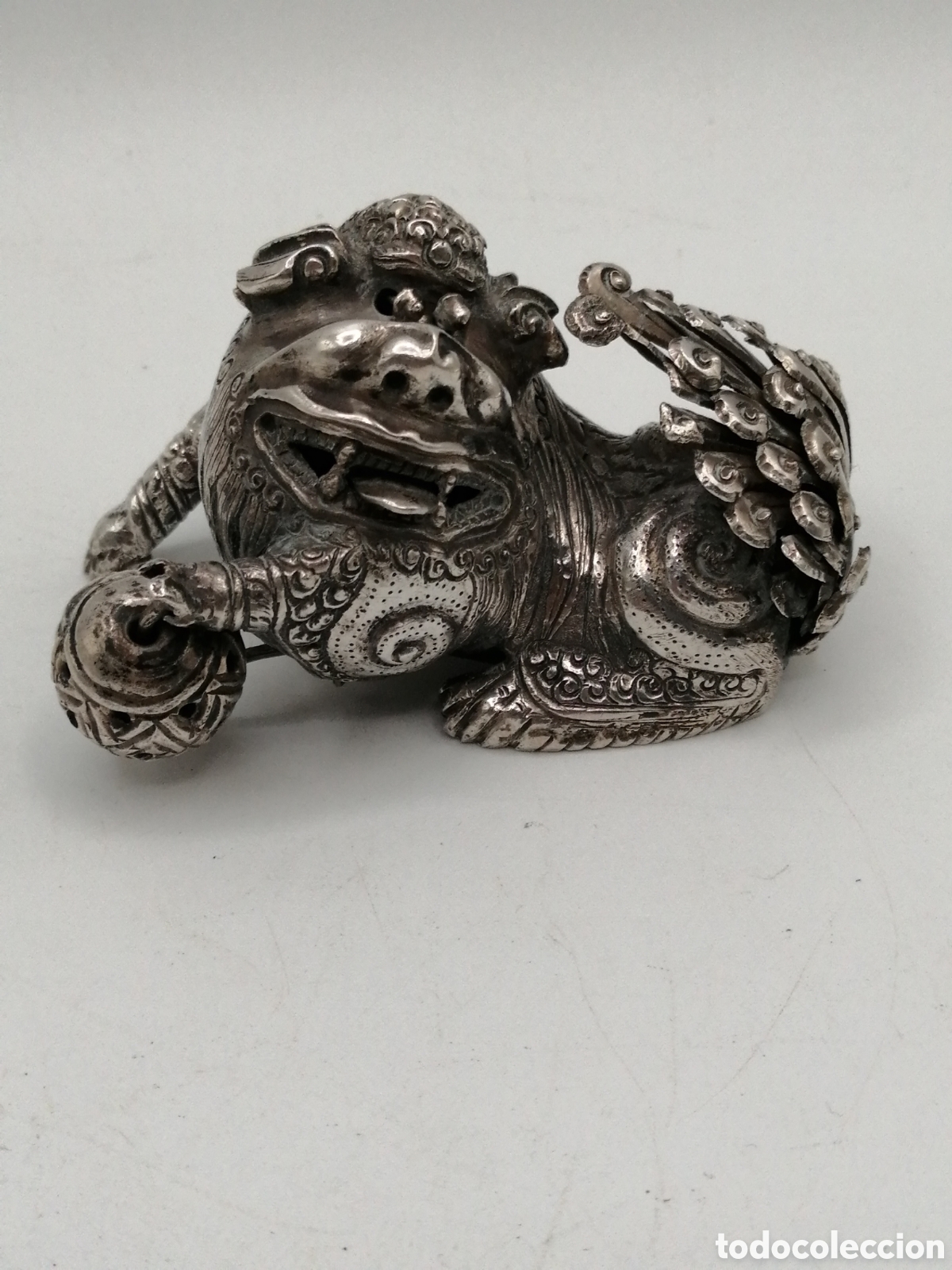 Antig&uuml;edades: Antigua figura en plata. Le&oacute;n Foo, China - Foto 1