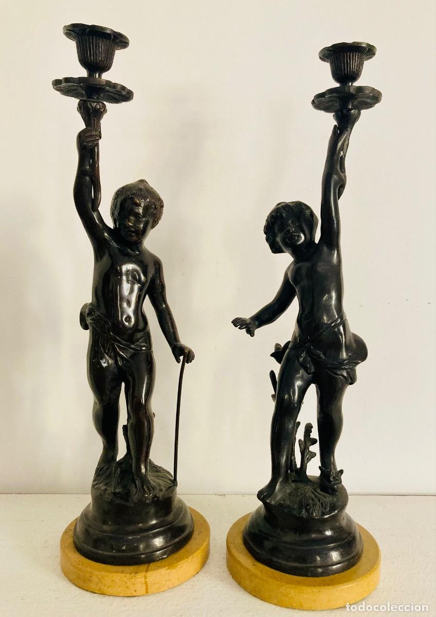 Antig&uuml;edades: Pareja de candeleros e bronce. Putti - Foto 4