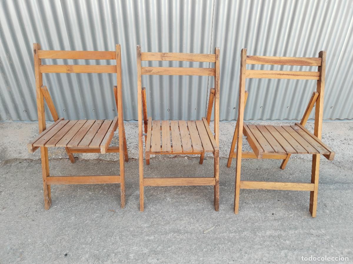 Antig&uuml;edades: 3 sillas de madera plegables - Foto 7