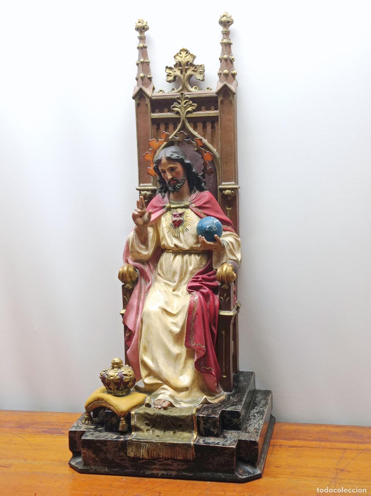 Antig&uuml;edades: 61 cm - IMPRESIONATE SAGRADO CORAZON DE JESUS ENTRONIZADO - taller Arte Olotense OLOT
