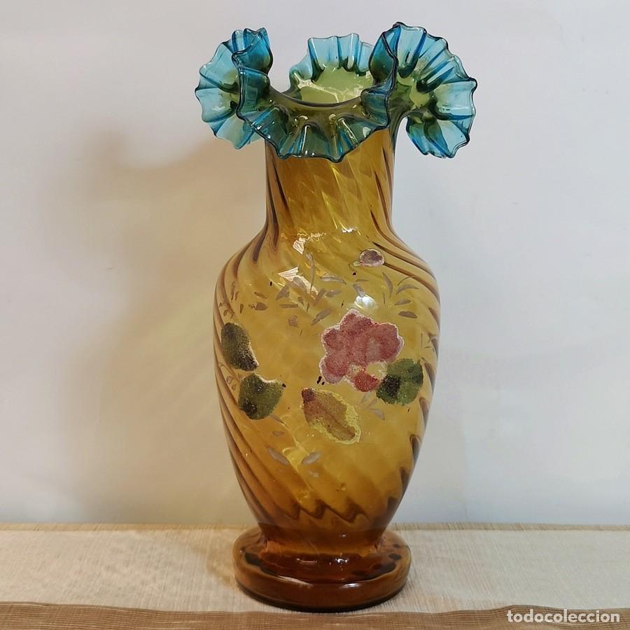 Antig&uuml;edades: Florero Cristal &Aacute;mbar y Azul - Foto 1