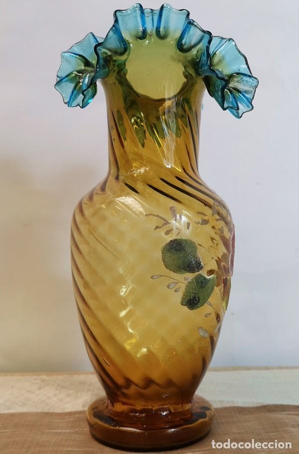 Antig&uuml;edades: Florero Cristal &Aacute;mbar y Azul - Foto 7
