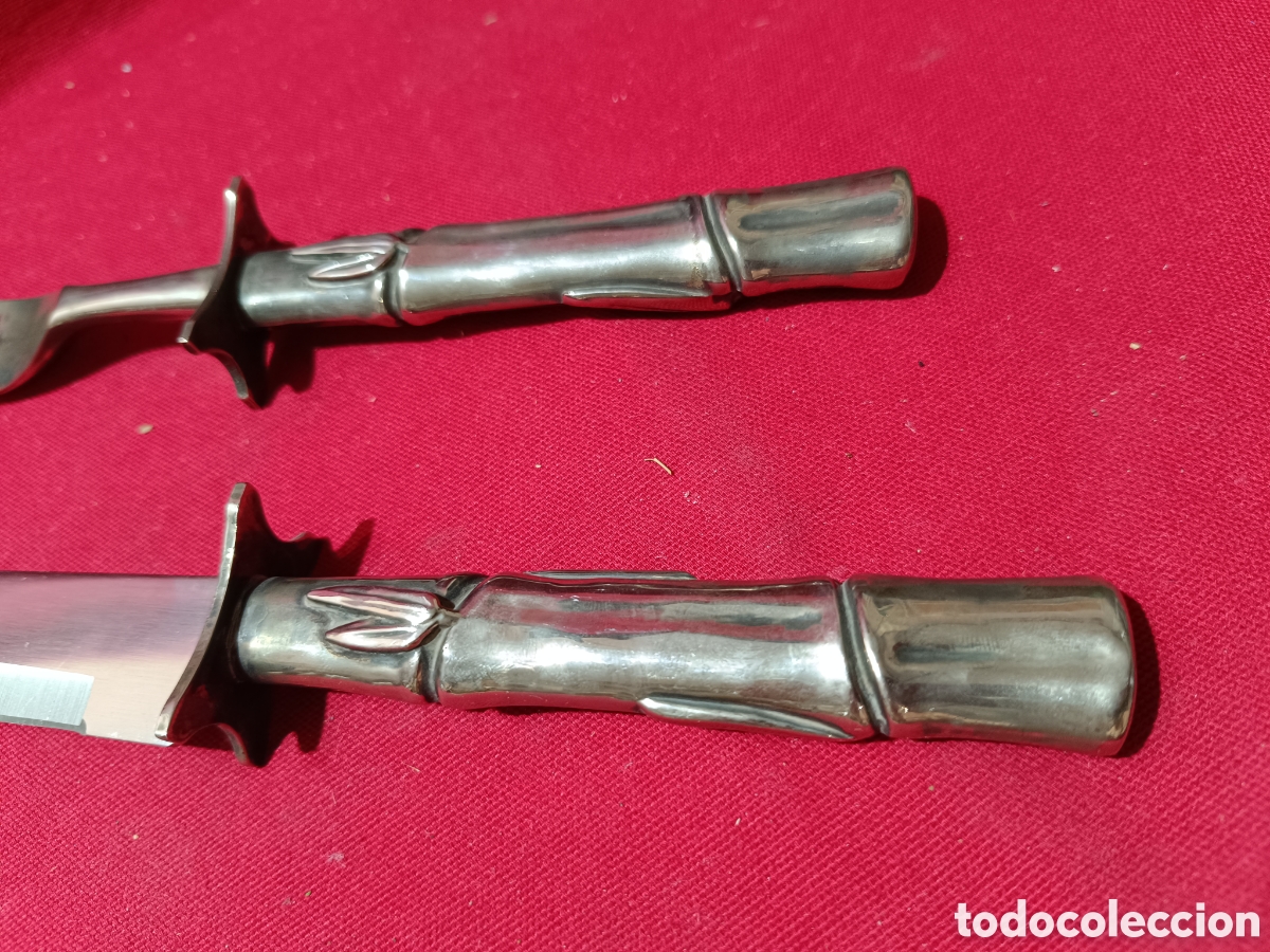 Antig&uuml;edades: Cuchillo y tenedor trinchero con mango en forma de ca&ntilde;a de Bamb&uacute; - Foto 2